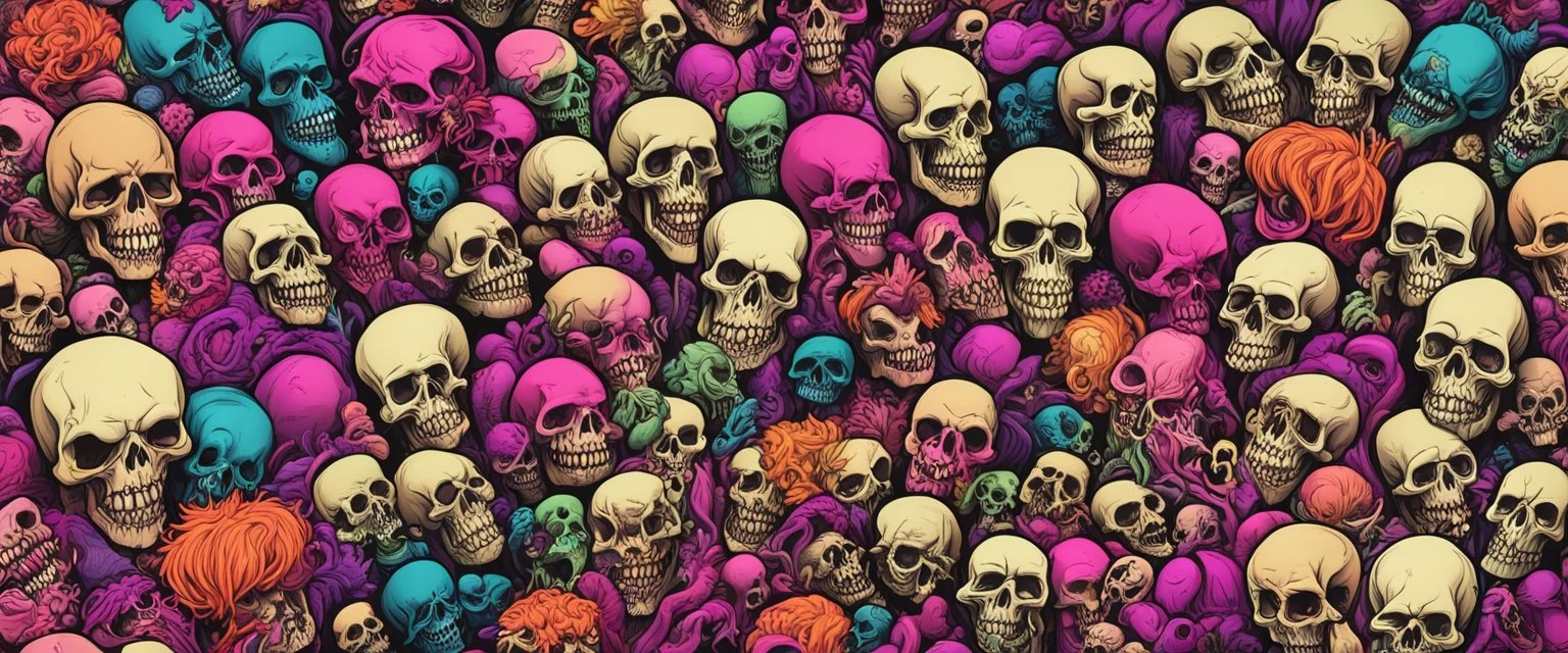 a field of 1000s of cartoonish, anatomically correct, skulls, vivid RANDOM BRIGHT neon colors, dark comedy, well lit, high detail, photorealistic, horrorcore, fun, scary, dead, 100% detail on all drawn, nothing partial or filler