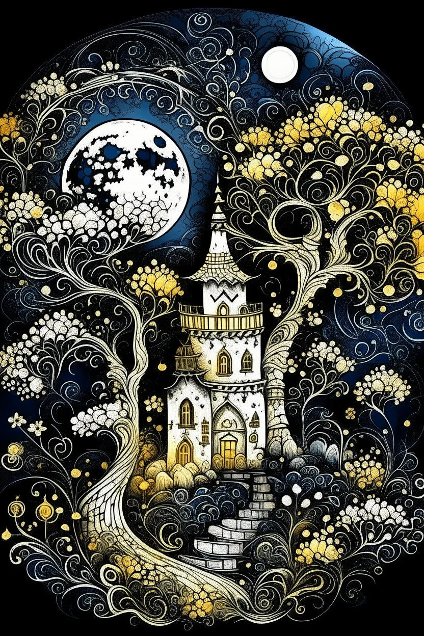 magic white, golden ,fairy-tale house bell ,stone path,layered trees with curlicues,fluffy flowers white volumetric bells ,radiance glow from inside op-art,black night,silver luminous full moon,curly clouds,silver stars,mysticism,fractals,grotesque,silver black,dark blue suspension,filigree drawing ink and markers,airbrush,art nouveau,dark fantasy,dark botanical,color correction,volume,gloss,hyperrealism