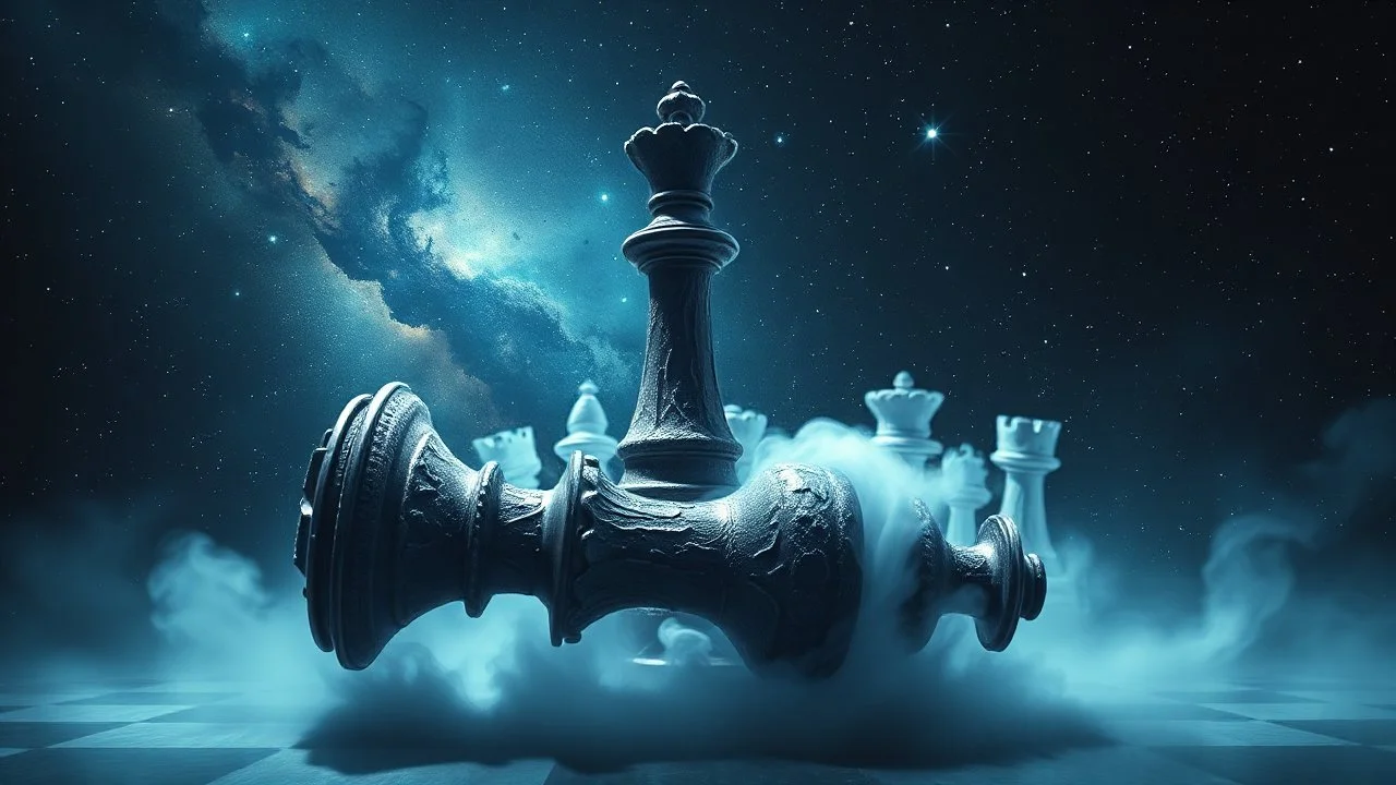 Hyperrealistic illustration of one giant queen chess piece floating in the big galaxy, deep dark universe with stars and nebula, fantasy, dramatic atmosphere. The overall scene moody and surreal, with intricate stunning textures on the chess piece to highlight its grandeur and mystery. white-blue mist aura around the chess piece. detailed, stunning illustration