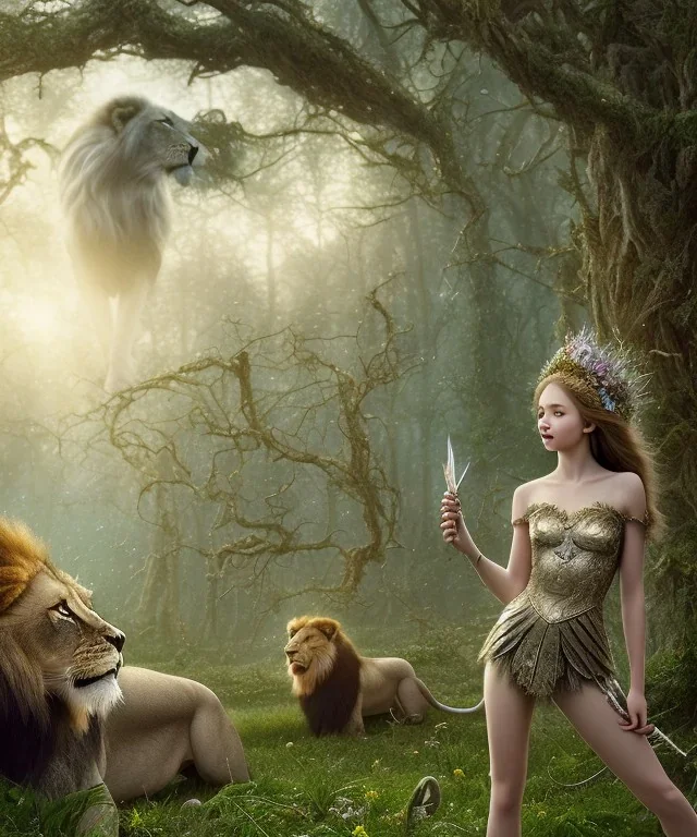 Young beautiful girl wearing floral crown next to a majestic, stunning lion on nature forest path, Chronicles of Narnia, 8k resolution, high-quality, fine-detail, iridescent, intricate, digital art, detailed matte, volumetric lighting, beautiful, illustration, 3D octane render, brian froud, howard lyon, selina french, anna dittmann, annie stokes, lisa parker, greg rutowski,