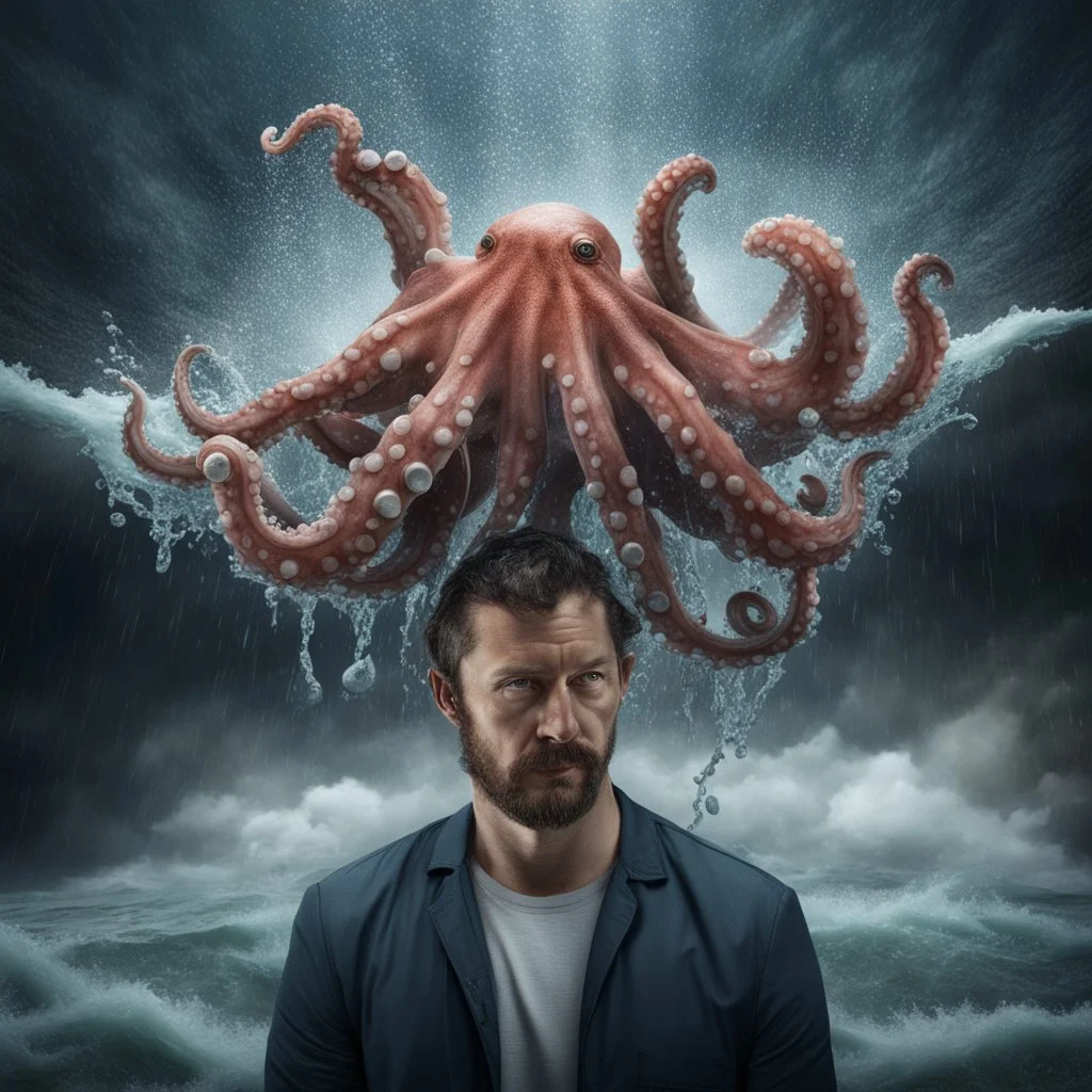 Hyper Realistic Octopus on a Man's head standing in a water flood tunnel with big wave splashes at rainy night