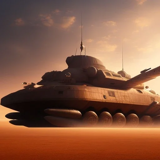 volumetric desert environment, Ralph McQuarrie style painting of an armored hovercraft with gun, floating in the air, highly detailed, metallic glass, renderman, duststorm at sunrise