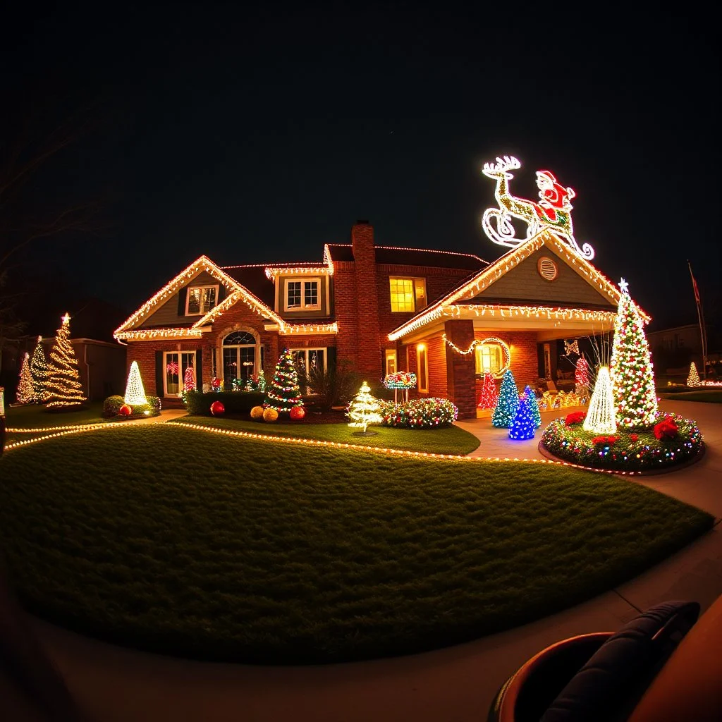 photograph taken by a gopro camera of a suburban house and landscaping with an insanely detailed Christmas light display lit up at night. Christmas lights on everything, Santa's sleigh and reindeer on roof all lit up with individual christmas lights,