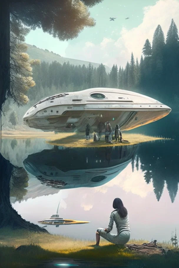 spaceship in a clearing, next to a lake, with a woman kneeling under it repairing it