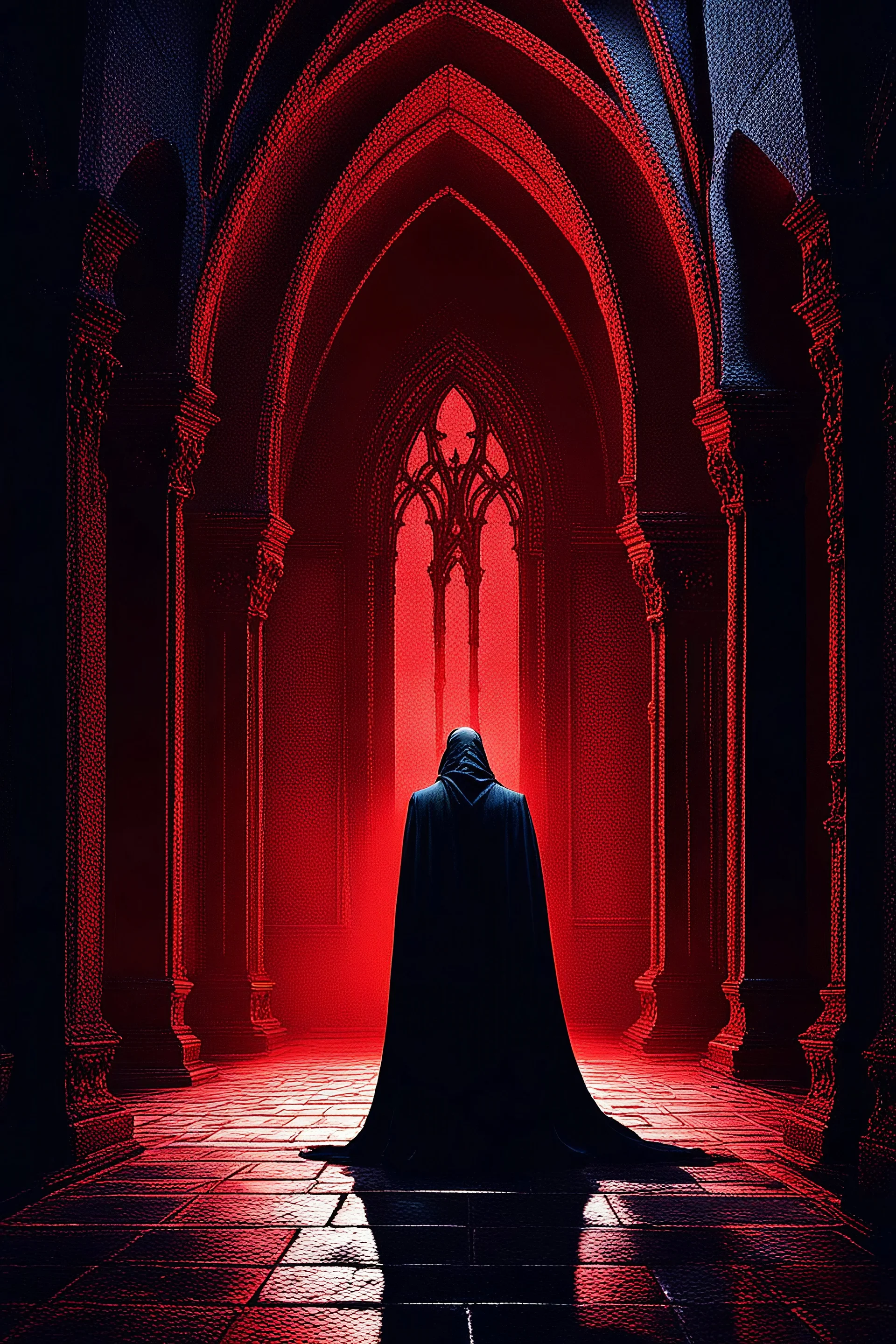 Create an atmospheric scene in a gothic style: a mysterious hall with high stone walls, surrounded by dark shadows. In the center stands a dark figure in a cloak, gazing at a sinister throne occupied by a giant surrounded by a red and blue glow. The floor is bathed in bloody red light, reflecting off the damp stone. The atmosphere is tense and enigmatic, imbued with an air of ancient secrets. in the style of Mandy Disher., by Agnes Cecile, Raymond Swanland, Luis Royo