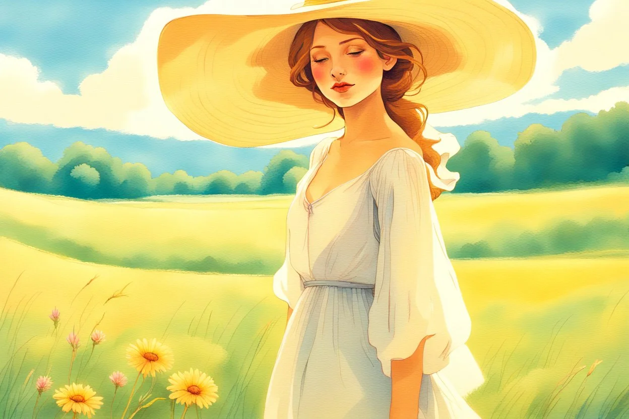 A young woman, elegantly adorned in a big summer hat and a flowing dress that matches the vibrant hues of the surrounding meadow, stands confidently in the center of a vast field. Her eyes are closed, a gentle smile playing on her lips as she feels the warm embrace of the sunshine and the tender kiss of a soft summer breeze. The meadow is a canvas of harmony, painted with a dazzling array of wildflowers that dance and sway in the little wind. The blue sky