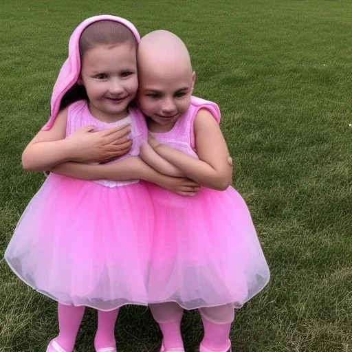 a picture of skinheads hugging little girls dressed in pink gowns