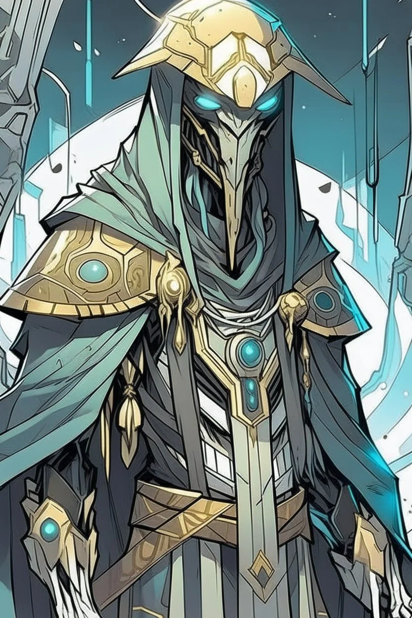 Anime alien villain character with random skin, huge , antagonist smart,too much modern armour and wearing a robe cover his head , aged thousand years and can He achieves anything he imagines