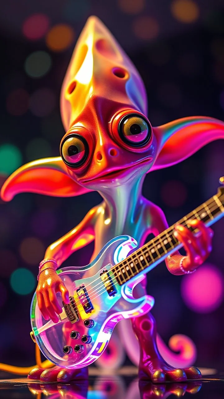 a psychedelic charming muppet show squid gremlin rock star with space laser transparent prismatic guitar in the style of Escher, bokeh like f/0.8, tilt-shift lens 8k, high detail, smooth render, down-light, unreal engine, prize winning