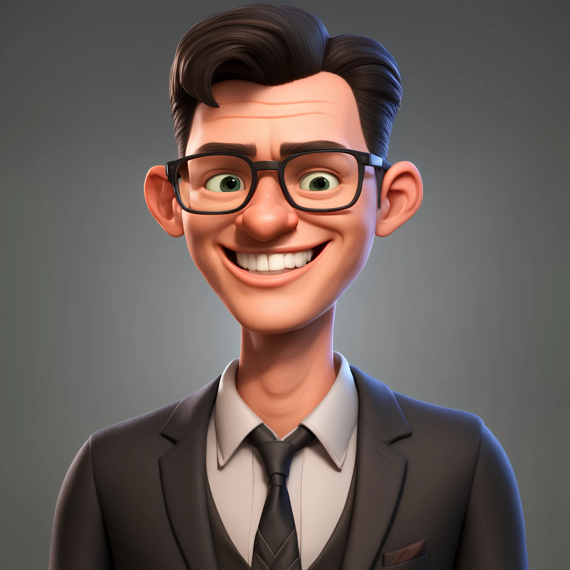 a portrait of smiling western man. caricature. black short hair. light skin. black eye pupils. rectangle eyeglasses, black frame. heart face shape. extended goatee moustache. wear black formal dress. pixar style. 3D. 4k. portrait. highly detailed. sharp focus. high resolution. full color. cinema lighting