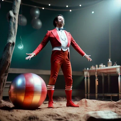 Ultra realistic circus scene. Stronger man, waist up view, Wes Anderson style, dark ambient, highly detailed, concept art, unreal engine 5, god rays, ray tracing, RTX, lumen lighting, ultra detail, volumetric lighting, 3d, finely drawn, high definition, high resolution.