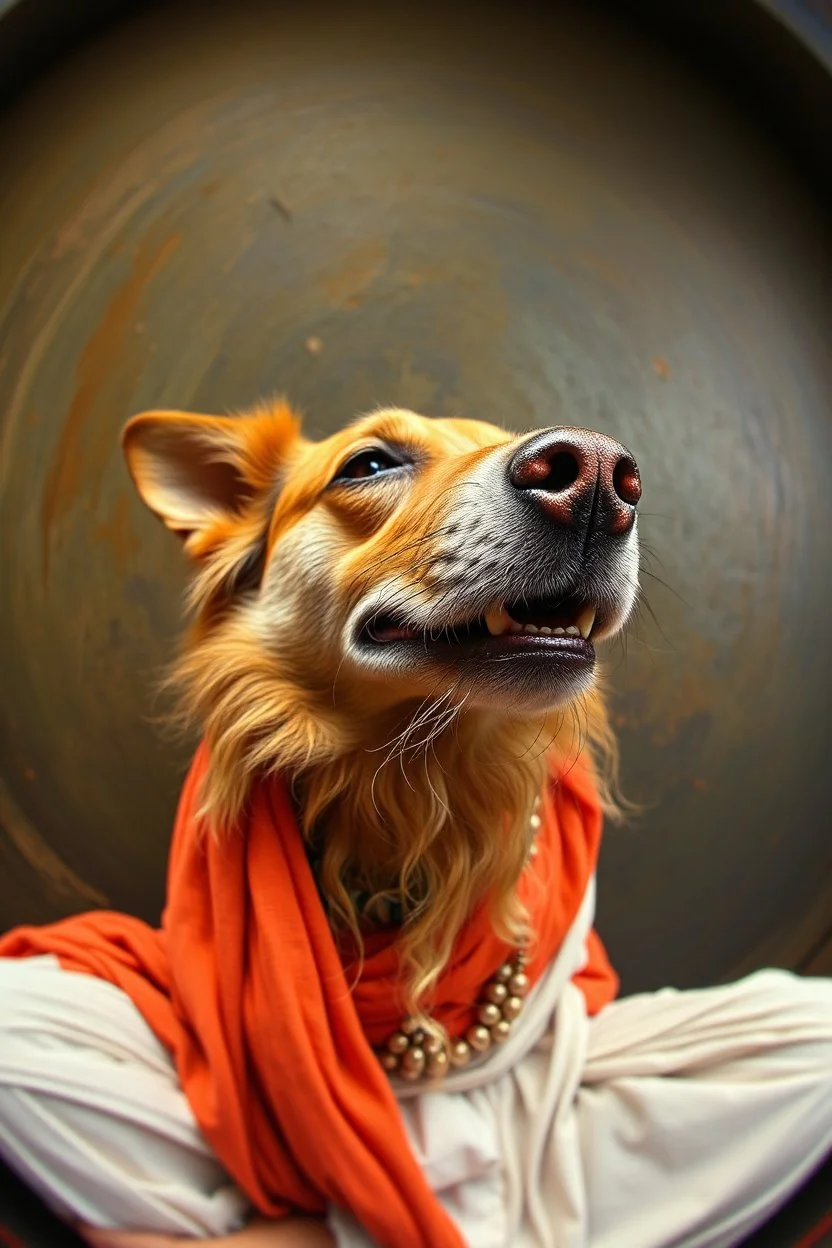 pin hole cam, master oil painting by Rembrandt,ohm ri shi lahkshmi super guru with lots followers looking like a salmon dog yoga guru