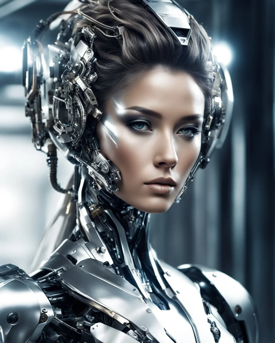 Generate an image of a futuristic beautiful cyborg woman and have hair,mecha face,polished shiny metallic chromes