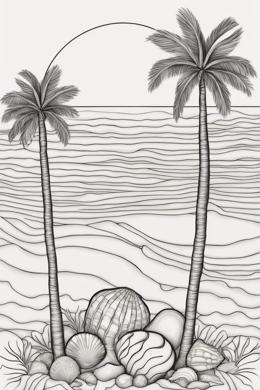 Palm trees with seashells, outlined in black and white with clear, substantial lines for an adult coloring book, contour, vector, clean line art, against a white background