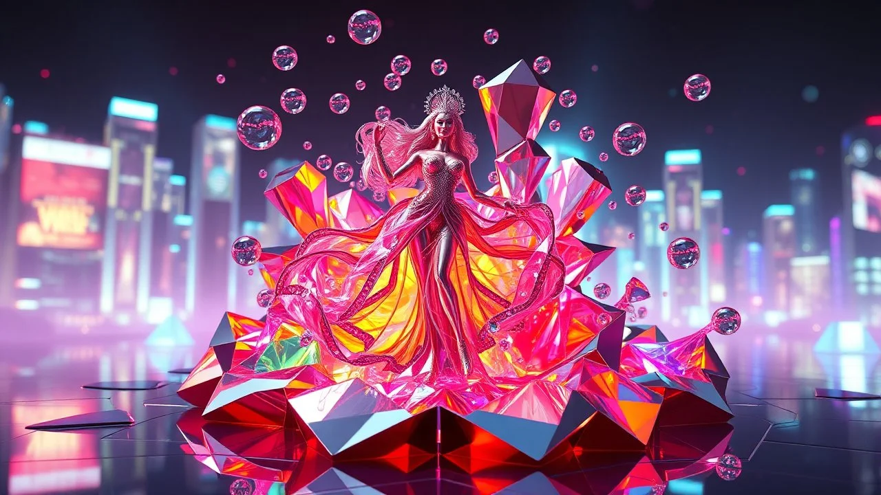 very complex CIFY structure ,pretty viberating color environment 3d metalic and crystal recursive evolving and animating beveled geometric base very complex CIFY structure emiting bubbles that broke, goddess of love in a pretty modern dress comes out dancing fast hip hop, viberating color moving very in modern city escap environment while camera tracking it.write in down screen 3d animating"Made in PixVerse By:J.Babakan"