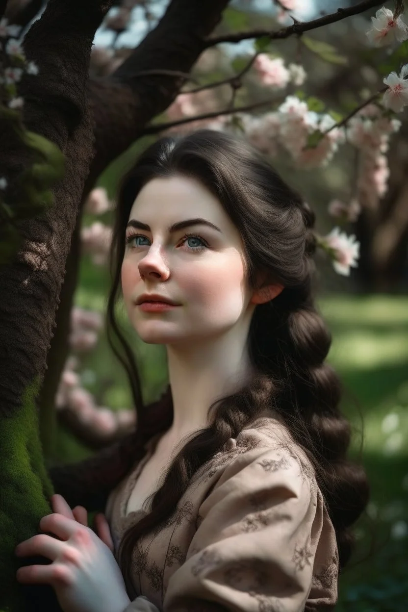 Beautiful Girl in the garden, 18 century, brunette, literally dark hair, dark eyes, fat, smell of sakura, rest, detailed face, england, she is staying under the tree, 30 years old