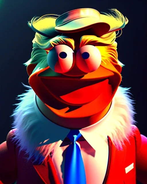 Waist up Portrait, Donald trump muppet, Sesame Street style, retro style, unreal engine 5, god lights, ray tracing, RTX, lumen lighting, ultra detail, volumetric lighting, 3d.