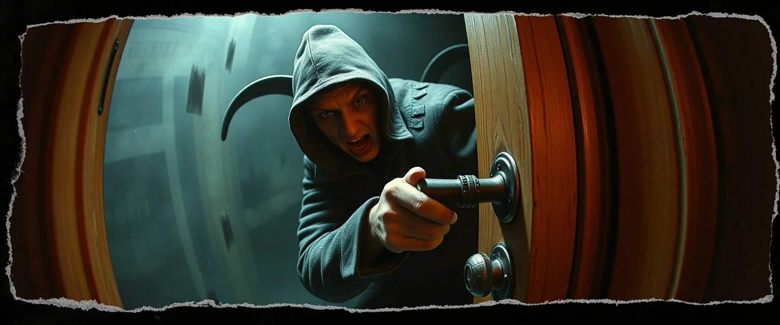 weird ass burglar breaking open a door with a crow bar , pinhole cam, airbrush 3d rendering, in the style of John Atkinson Grimshaw , torn edges on border