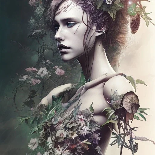 singer Danish MØ face,Style Yoji Shinkawa, watercolor illustration , Dryad, plants, wildflower,