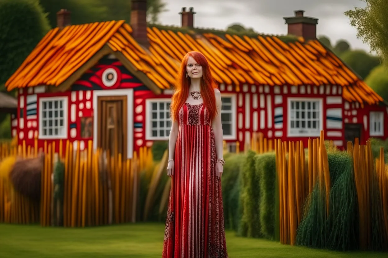 Full body shot of a tall slim pretty, red-headed young woman, dressed in a long flowing colourful dress, standing in front of a row of cottages and shops with thatched roofs, casting runes in the air