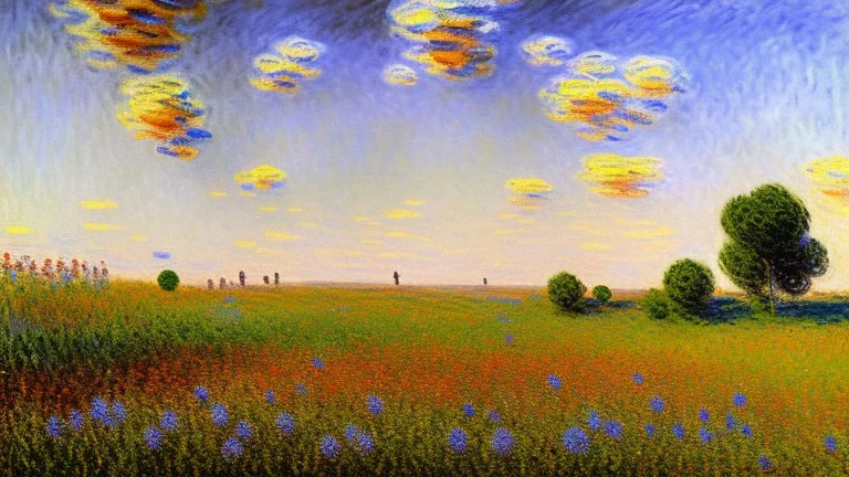 Sunny day, prairie, tree, flowers, claude monet painting