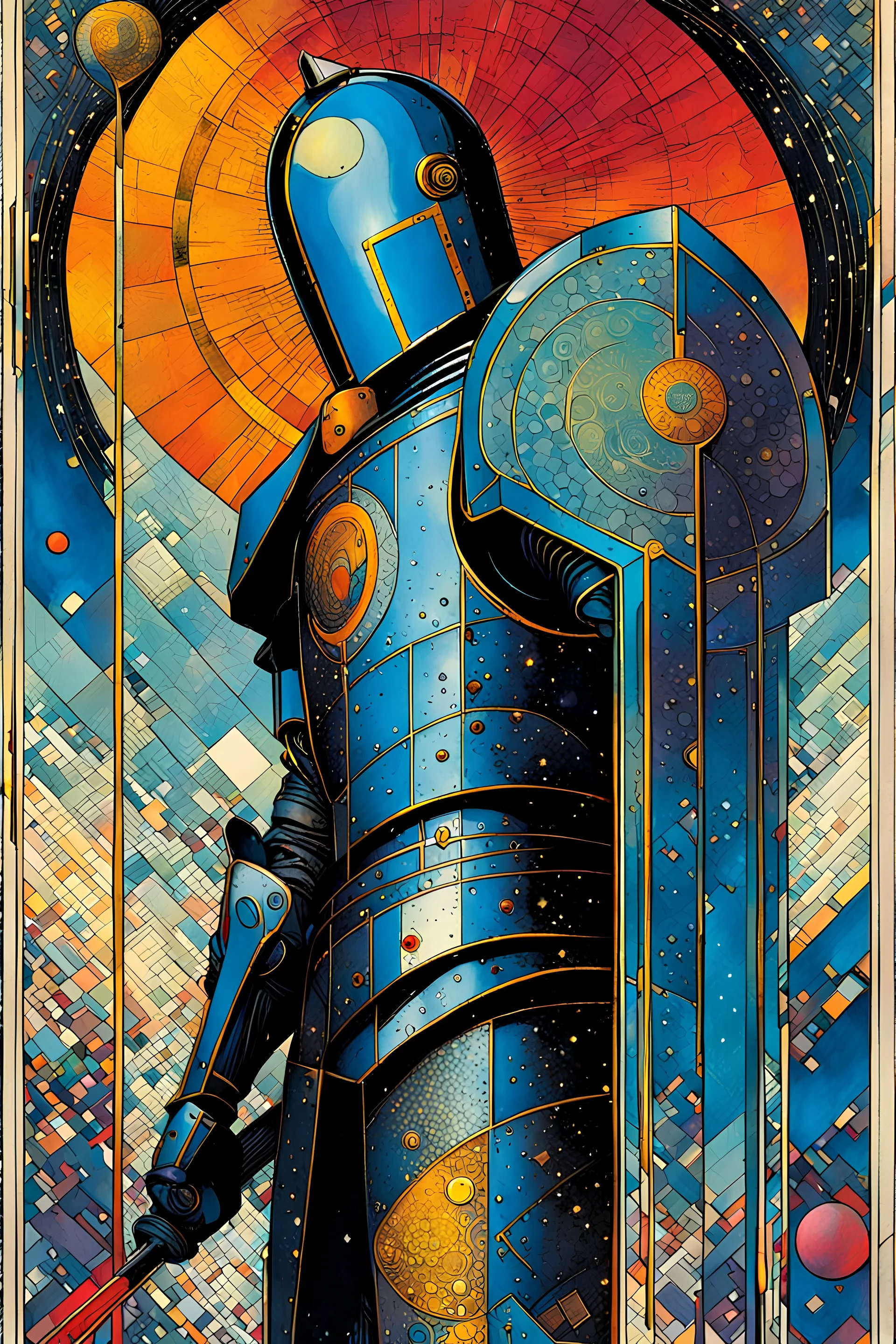 Create a chaotic abstract cubist Tarot Card depicting The Knight of Swords , with highly detailed facial features, in the style of Bill Sienkiewicz, Philippe Druillet, Gustav Klimt, and Jean Giraud Moebius, precisely drawn, colored and inked, with ornate bordered edges