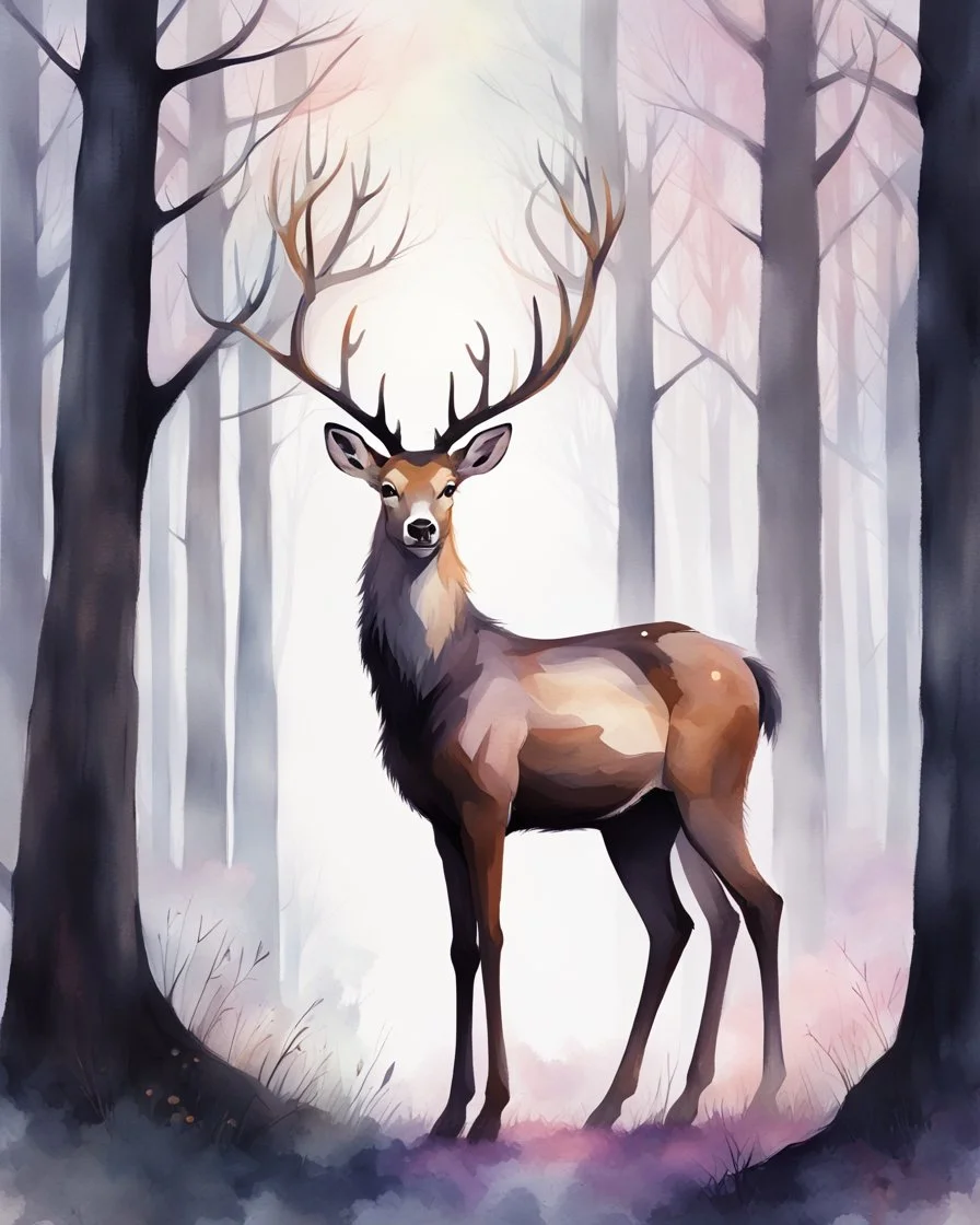 night, deer with antlers standing sideways, looking at viewer, realistic water color painted, among light colored tall simplified tree trunks, foggy, digital painting, Easter Spring pastel colors, colorful, dark background