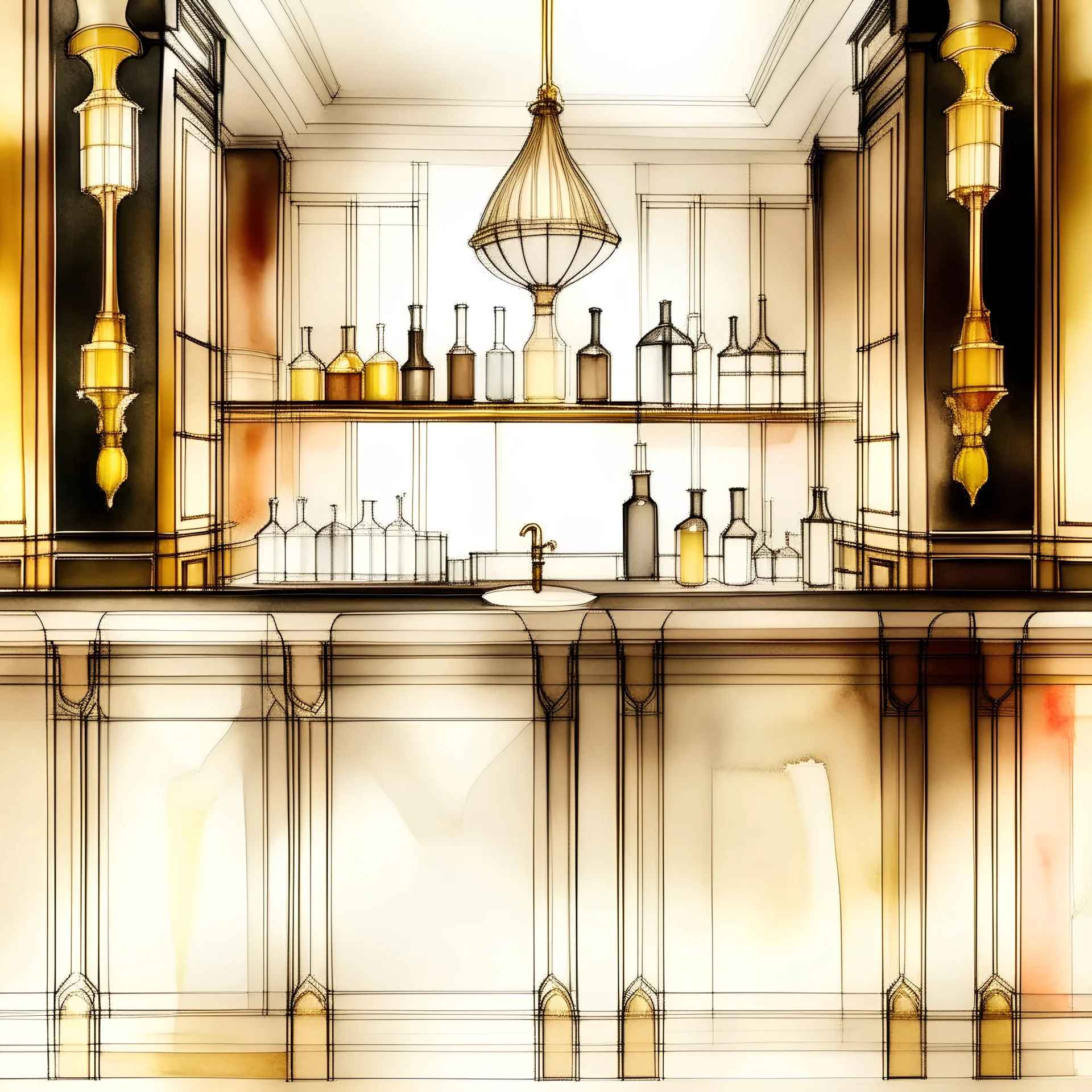 sketch of art deco style cocktail bar with realistic textures, very loose ink and soft watercolor washes