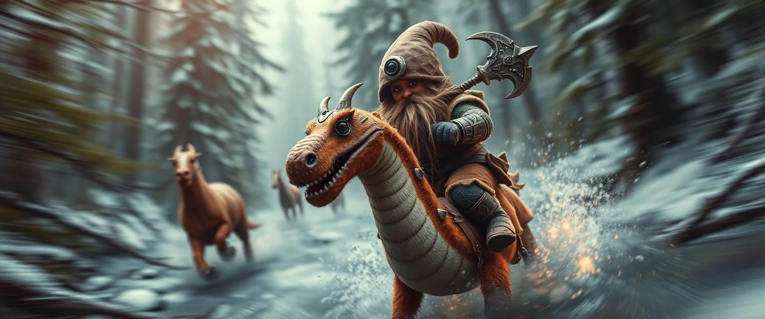 oil painting ,close up motion blur portrait of dwarf thief - Forgotten Realms dodging cyberpunk armored dwarf with war half moon spear hammer with spikes, riding tiny furry brown and purple hot dog dragon with smoking mouth above water and along winding branches in lush icy forest along speeding horses , bokeh like f/0.8, tilt-shift lens 8k, high detail, smooth render, down-light, unreal engine, prize winning