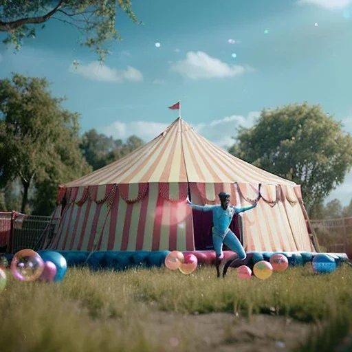 Ultra realistic circus scene. dancer man, waist up view, Wes Anderson style, happy, bubbles, confeti, acid ambient, highly detailed, concept art, unreal engine 5, god rays, ray tracing, RTX, lumen lighting, ultra detail, volumetric lighting, 3d, finely drawn, high definition, high resolution.