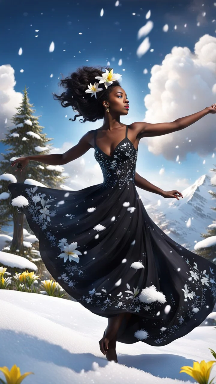 The camera zooms in, focusing sharply on very beautiful black godus girl with make up Lily wearing pretty dress as she dances gracefully in the same romantic environment with flowers and sky with nice clouds. Her joy and youth are presented against the backdrop of the surreal surroundings.a snow covered tree sitting on top of a snow covered slope, detailed swirling water tornado, national geographic footage, inspired by Sim Sa-jeong, by Huang Tingjian, still from a 2015 pixar movie, infrared ca