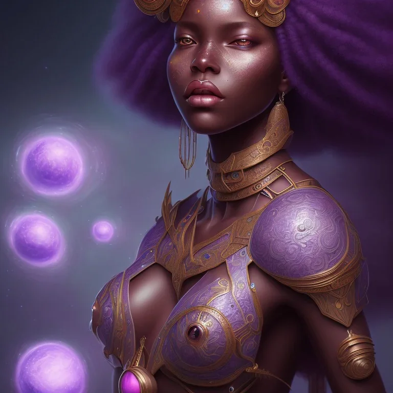 sango fantasy, fantasy magic, intricate, sharp focus, illustration, highly detailed, digital painting, concept art, matte, masterpiece head sexy view black African beauty black afro hair space lady purple carp skin African space night