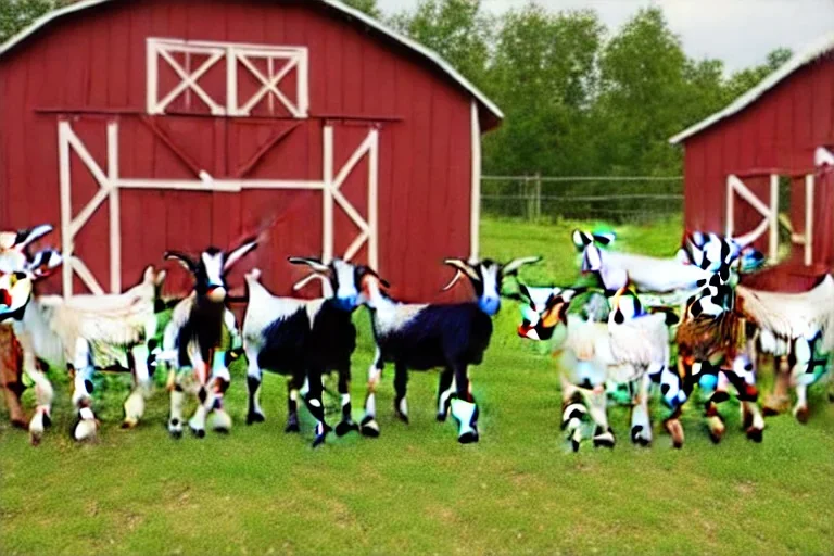  7 different Goats with unique colors posing on a farm with a barn in rococo style