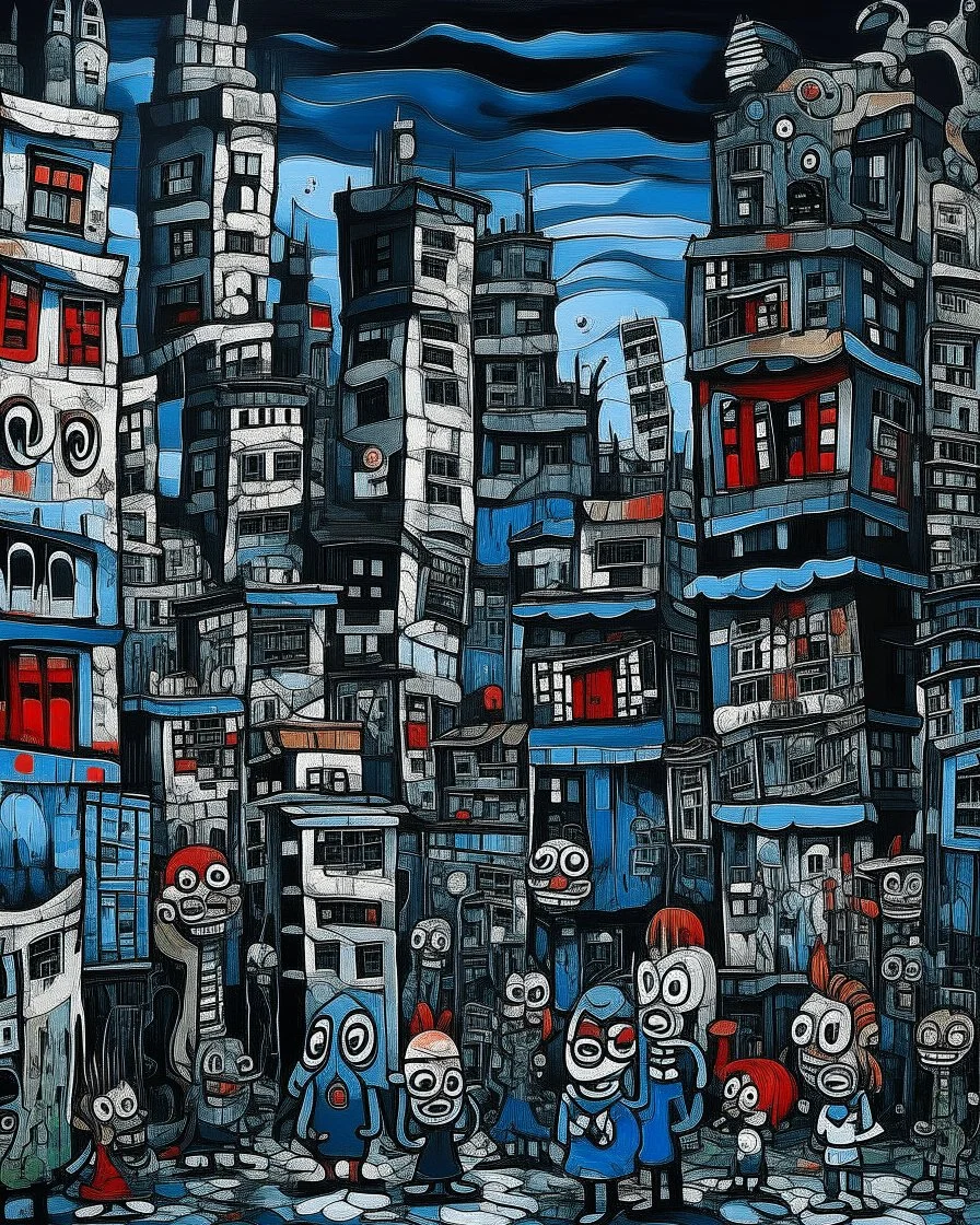 A dark bluish black demonic urban city with twisted buildings designed in Japanese Oni masks painted by Jean Dubuffet