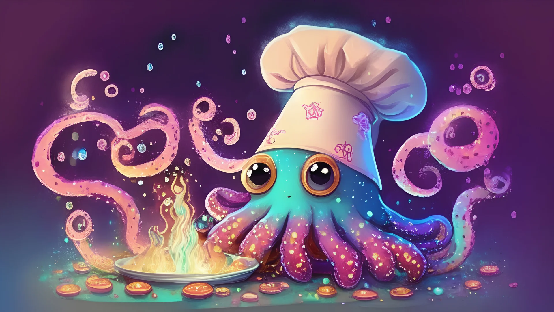 'Chef Octopus' - a colourful magical octopus in a chef hat, getting ready to cook dinner; cute, cartoon style, big eyes, adorable, glittery, sparkly, radiant, glowing, kitchen, magical