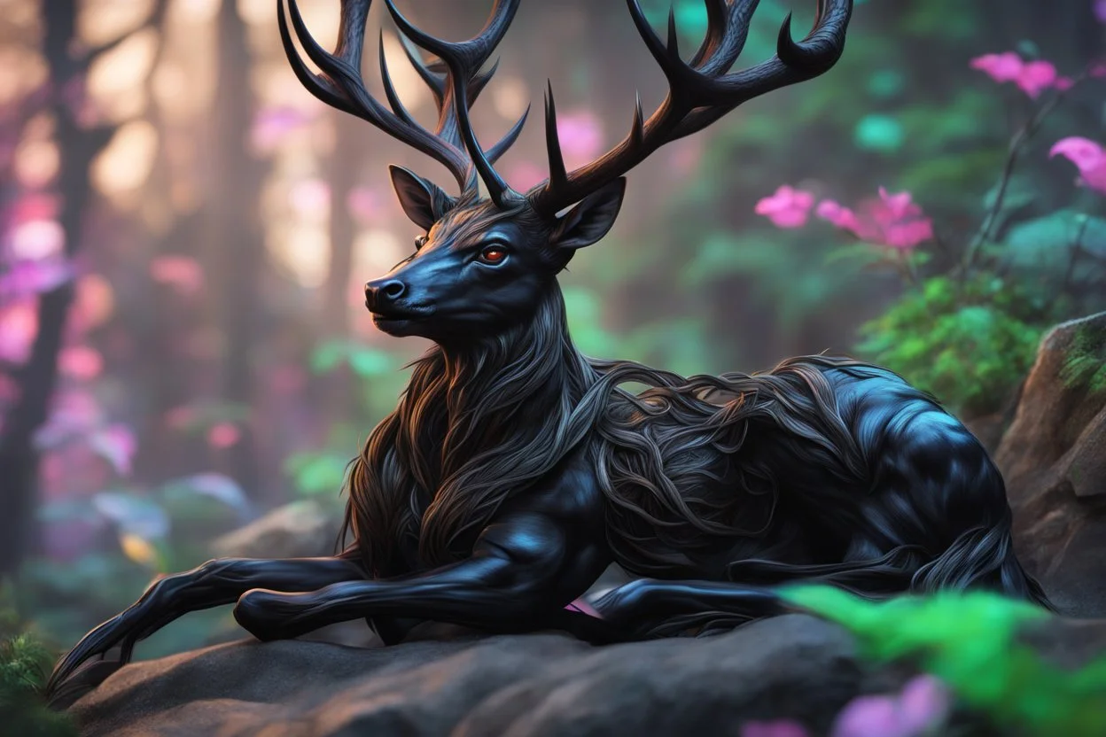 Black Shadow symbiote in 8k realistic anime e drawing style, human model, close picture, Deer them, neon color, crystal antlers deer, intricate details, highly detailed, high details, detailed portrait, masterpiece,ultra detailed, ultra quality