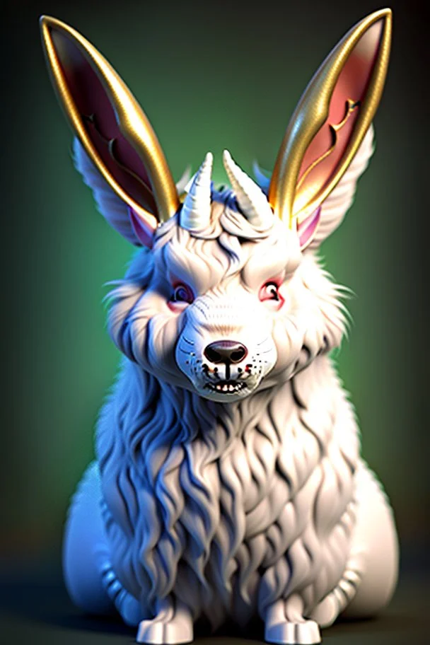 Ultra realistic cg rendering of a "Boris Valejo" style illustration, scary vampire Rabbit monster , rainbow fur ,licorn horn , gold claws ,childhood .