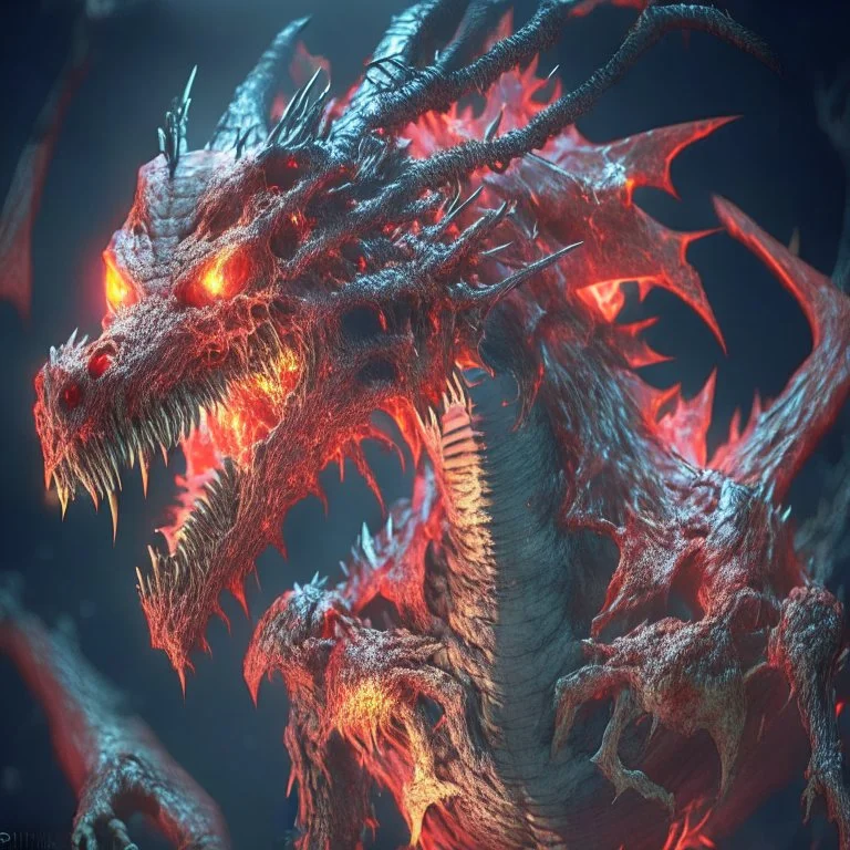 Giant horrific zombie dragon made of bones and vein, covered with glowing red slime, photorealistic, unreal engine 5, masterpiece, trending on artstation