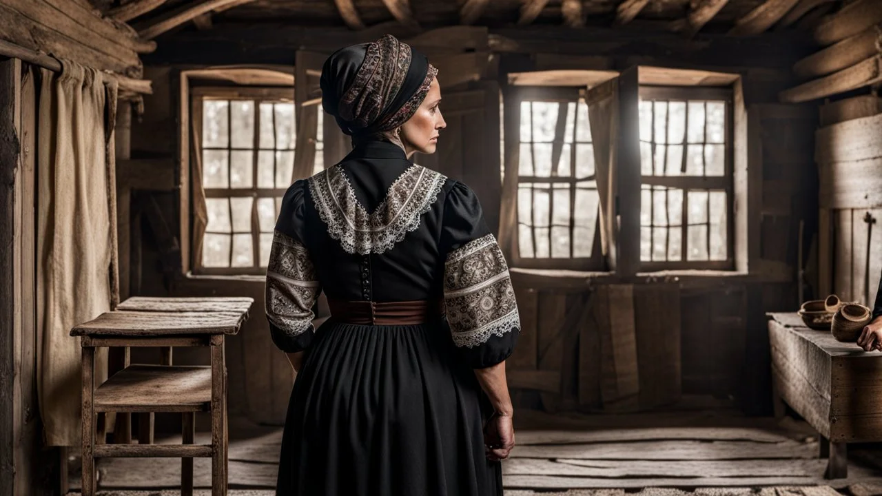 in front of the picture from the back, an middle-aged brown hair woman in a black vintage hungarian folk dress in black woman headscarf , her standing in villager room and looking at a wooden cross on the wall , old village environment, rustic rammed floor, lace curtains, sad atmosphere, high detailed, sharp focus, high realistic, perfect photo