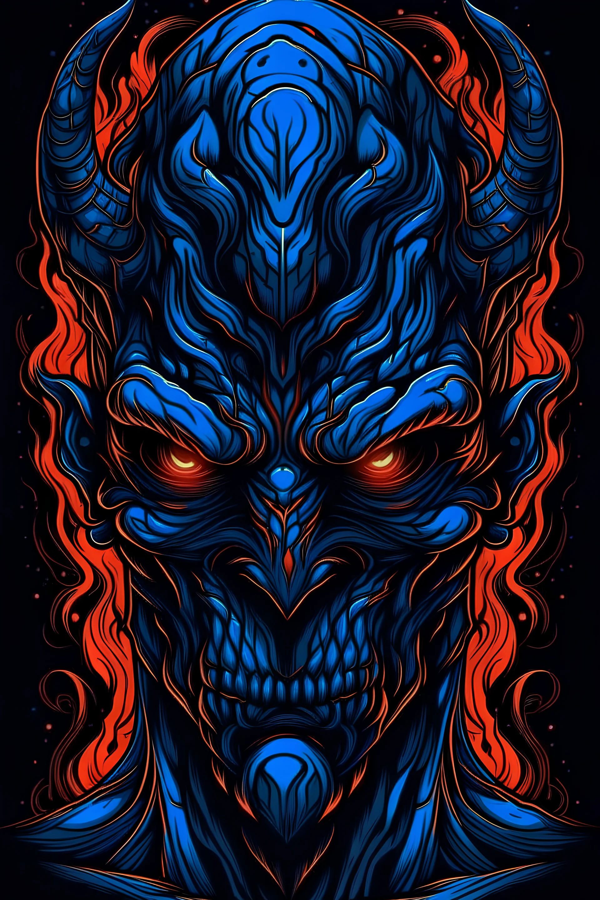 Vibrant Vector Art, Front View, Demon, blue lava veins, stylized, Up close, half skin, black background, eyes all over body, wide face, no mouth