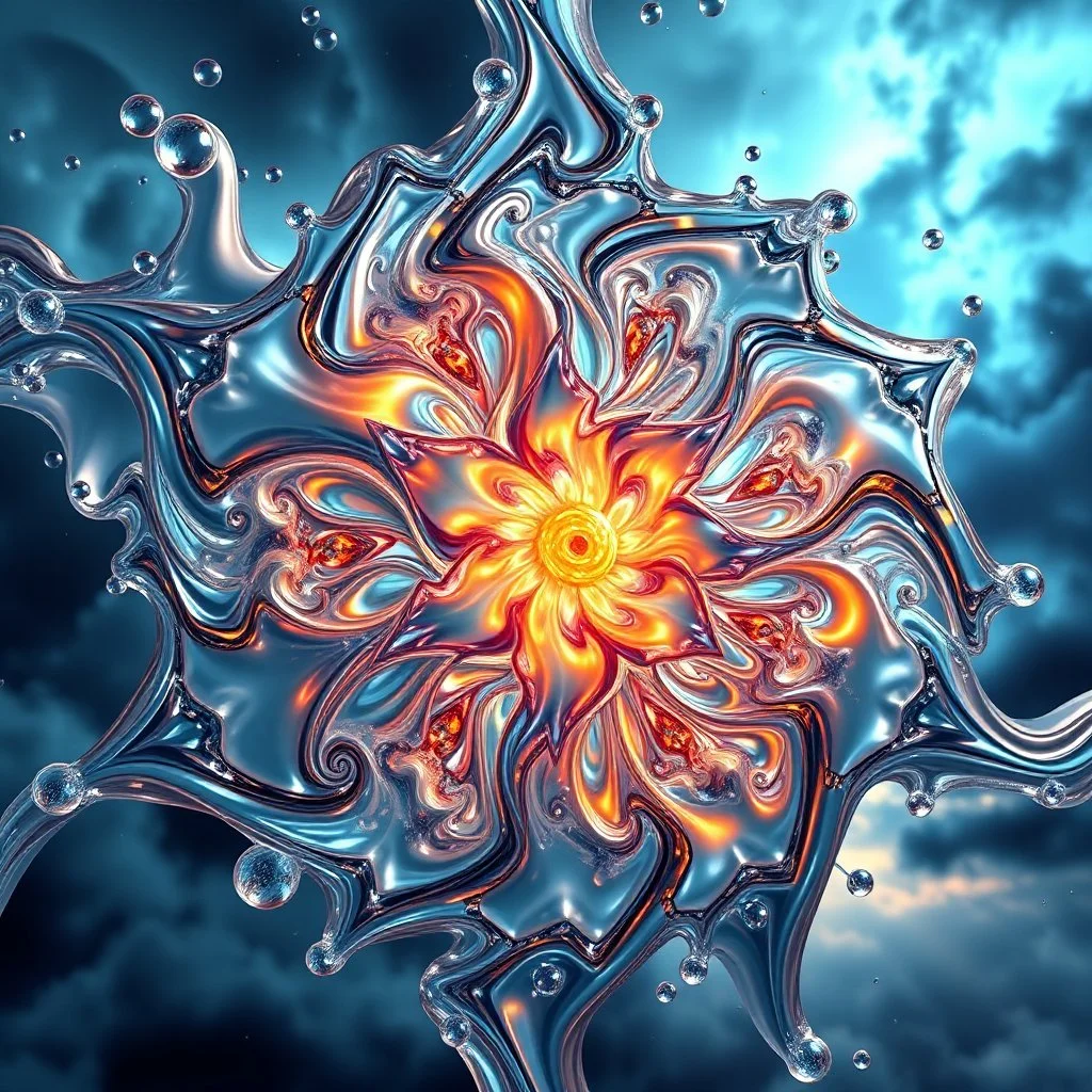 Dynamic complex hypnotic fractal 3D structures radial Symmetry twisting and morphing between organic and geometric forms , smooth translucent iridescent glass with inner glow and bubbles, varied transparent materials, stormy skies, intense dramatic