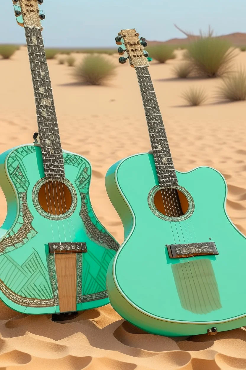 A mint colored desert with sandy guitars designed in African pottery painted by Gustav Klimt