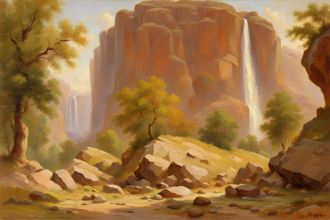 Sunny day, rocks, waterfalls, rocky land, mountains, friedrich eckenfelder and charles leickert impressionism paintings