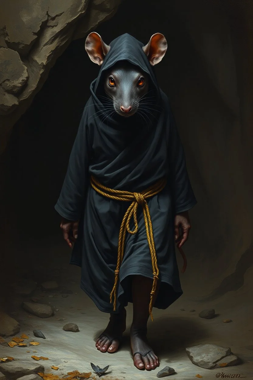 boots , the yoga rat man, big black iris eyes with yellow glints, ou’re looking at someone who doesn’t just walk into shadows—they belong to them. The black robes cling like a second skin, the belt tied tight with gold thread that catches the light only when he moves. His face is wrapped, but not hidden—his eyes glow like embers, red and steady, as if he’s already seen what waits inside the cave. The tail curls behind him, not in fear, but in readiness. He doesn’t need a torch, by Rembrandt
