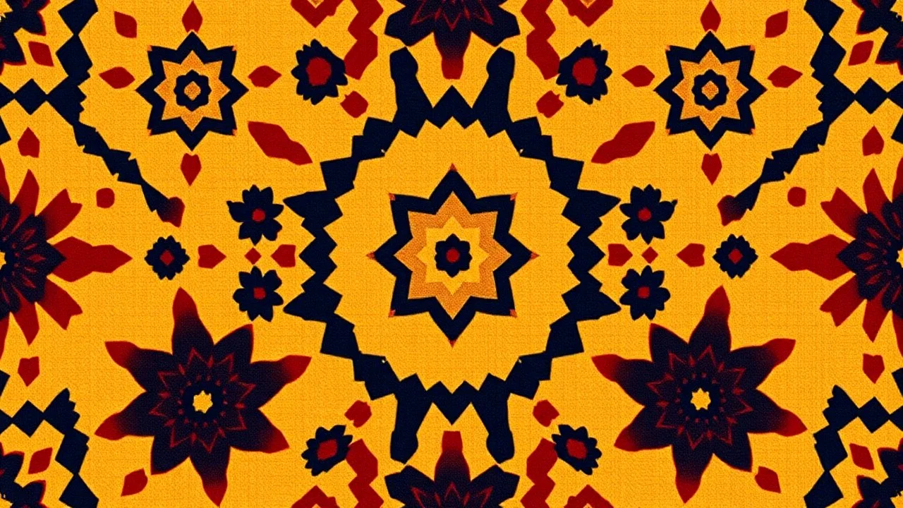 Front Symmetrical View Of Ethnic Cultural Pakistani Sindhi Ajrak Pattern. Using Colors Golden, Navy-Blue, Maroon And Black With a Hexagonal Shape In The Exact Center And Middle.