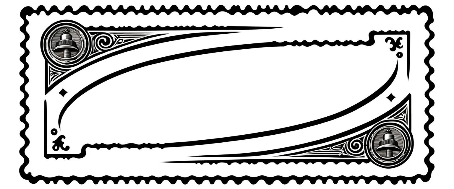 an old engraved stamp with decorative corner elements in the top left and bottom right, inspired by steam locomotive railroad. antique printing