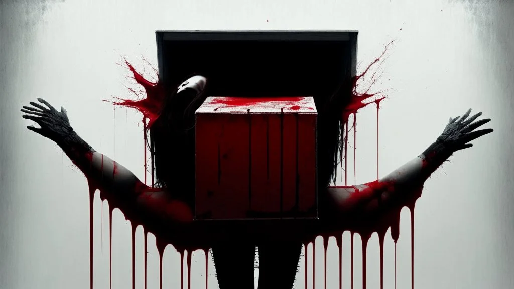 a faceless woman covered in blood holding up a black rectangular box