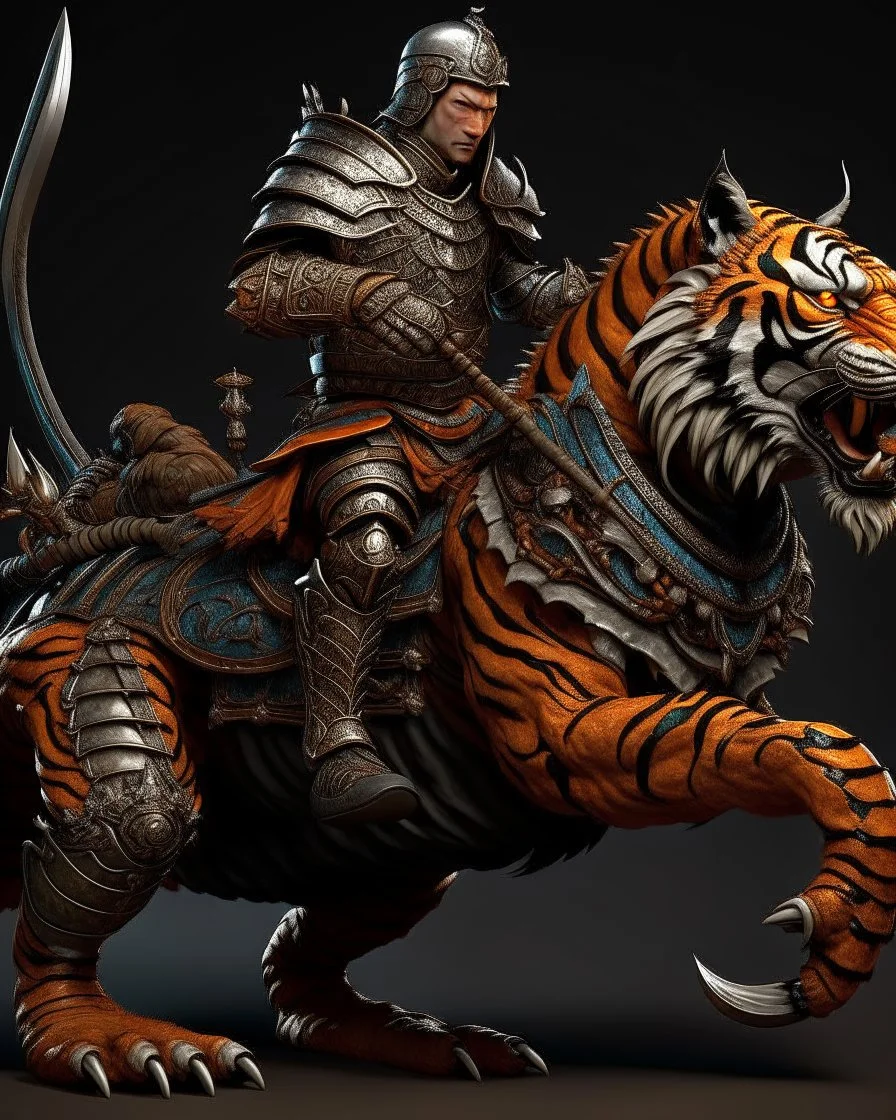 A combination of a dragon and a tiger and a commander riding on it Warrior warrior with leather and metal clothes