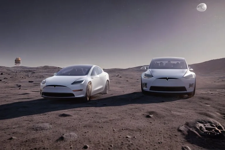 A Tesla 'Model Y' is drifting at high speeds, at the lunar landing site of the 'Apollo 11'. (CINEMATIC, WIDE ANGLE LENS, PHOTO REAL)