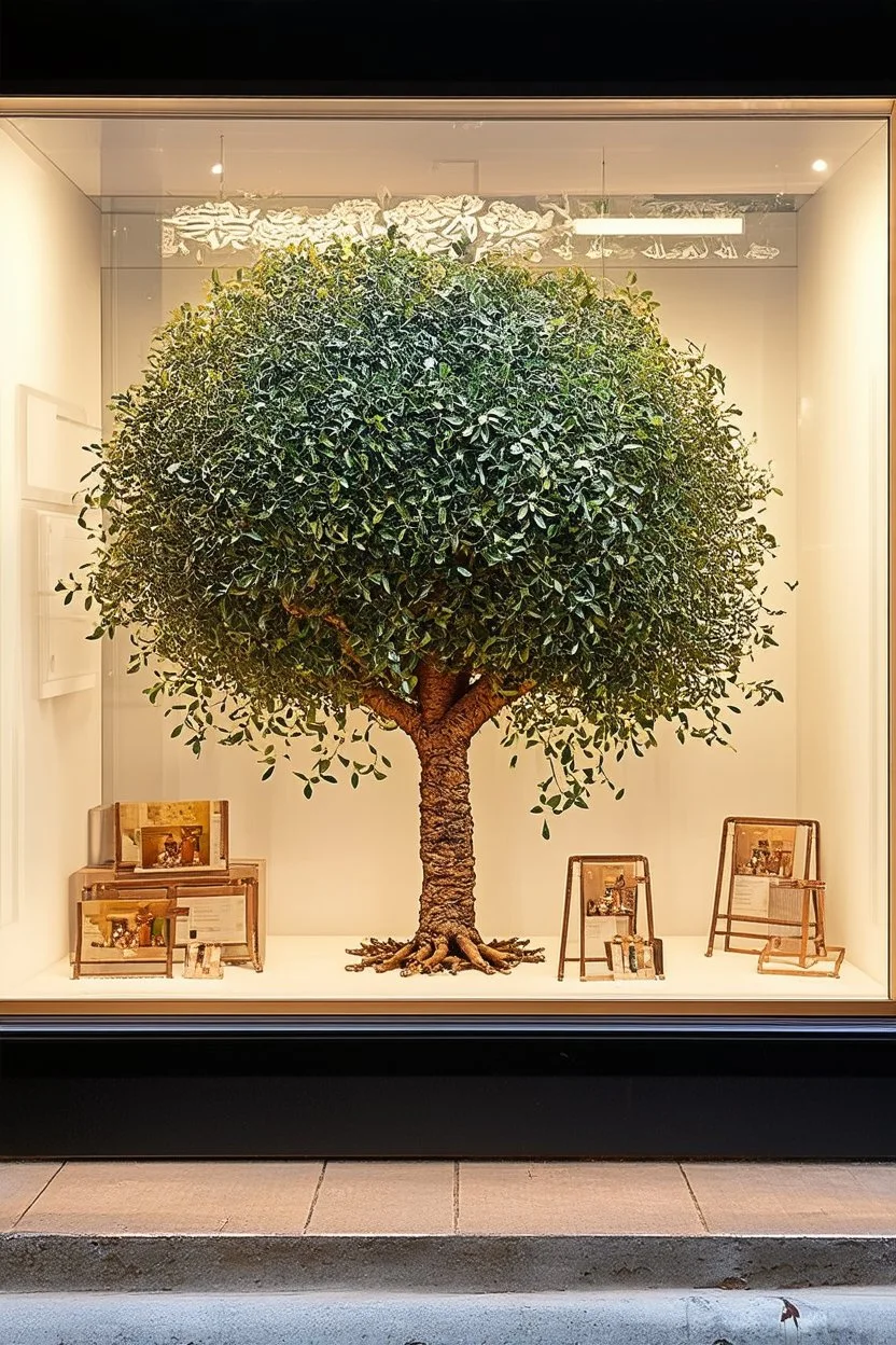 an eucalyptus tree-themed retail window display